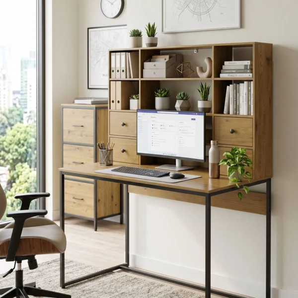 Computertafel Met 4 Lades En Planken, Bureau 105 Cm, Natuurhout