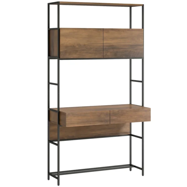Computertafel Met Rekken En 2 Lades Voor Het Thuiskantoor, 185 Cm Hoog, Bruin Houtlook
