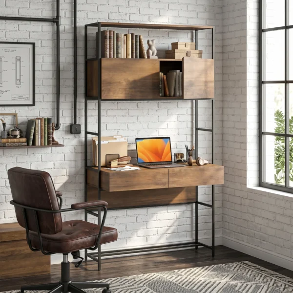 Computertafel Met Rekken En 2 Lades Voor Het Thuiskantoor, 185 Cm Hoog, Bruin Houtlook