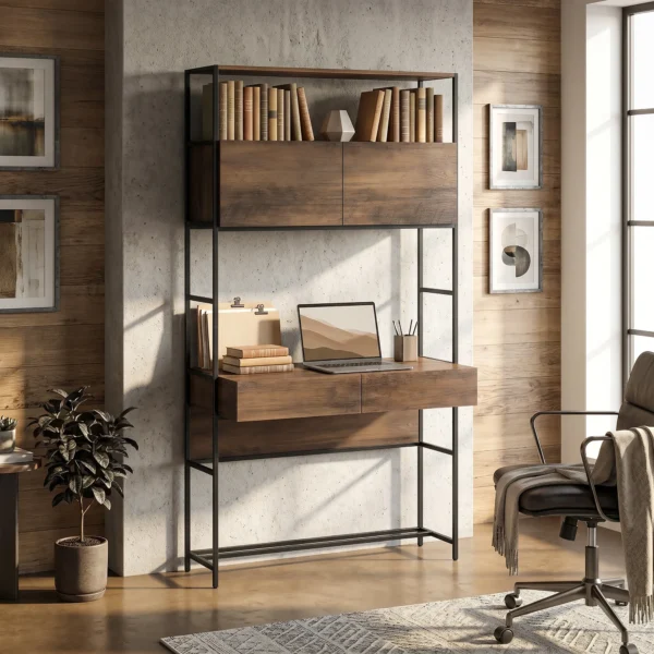 Computertafel Met Rekken En 2 Lades Voor Het Thuiskantoor, 185 Cm Hoog, Bruin Houtlook