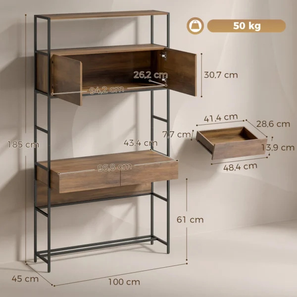 Computertafel Met Rekken En 2 Lades Voor Het Thuiskantoor, 185 Cm Hoog, Bruin Houtlook