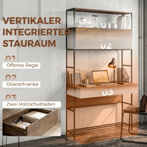 Computertafel Met Rekken En 2 Lades Voor Het Thuiskantoor, 185 Cm Hoog, Bruin Houtlook