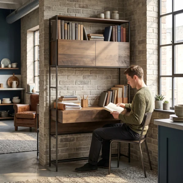 Computertafel Met Rekken En 2 Lades Voor Het Thuiskantoor, 185 Cm Hoog, Bruin Houtlook