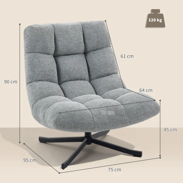 Draaibare Loungestoel Met Brede Zitoppervlakte, Waterafstotende Chenille look, Gekruiste Stalen Poten, Grijs