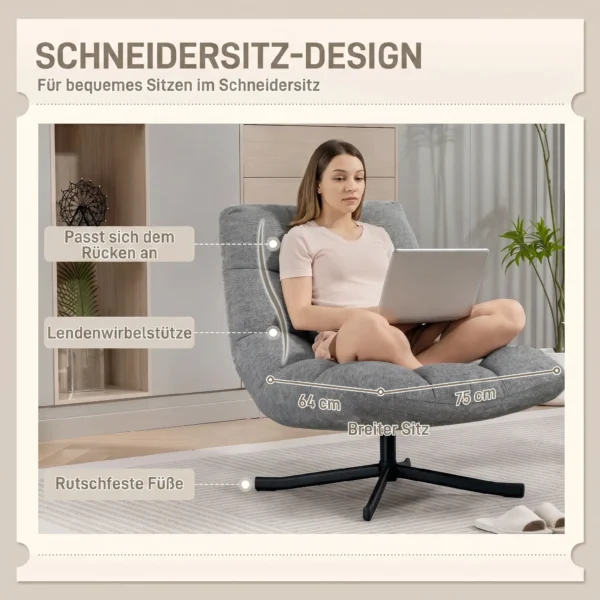 Draaibare Loungestoel Met Brede Zitoppervlakte, Waterafstotende Chenille look, Gekruiste Stalen Poten, Grijs