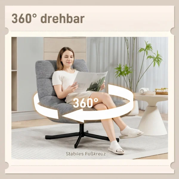 Draaibare Loungestoel Met Brede Zitoppervlakte, Waterafstotende Chenille look, Gekruiste Stalen Poten, Grijs