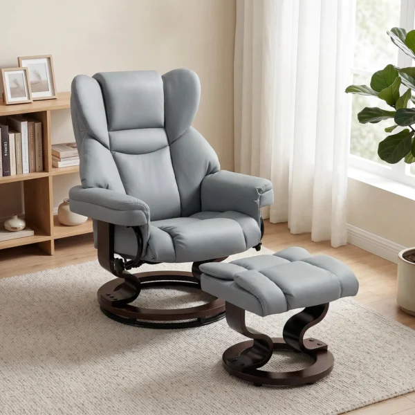 Draaibare Relaxstoel Met Voetenbankje, Hoge Rugleuning, Hoogdicht Schuim, Houten Voet, Lichtgrijs