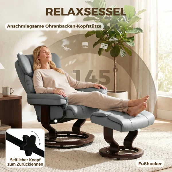 Draaibare Relaxstoel Met Voetenbankje, Hoge Rugleuning, Hoogdicht Schuim, Houten Voet, Lichtgrijs