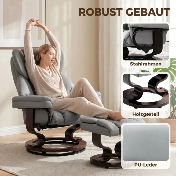 Draaibare Relaxstoel Met Voetenbankje, Hoge Rugleuning, Hoogdicht Schuim, Houten Voet, Lichtgrijs