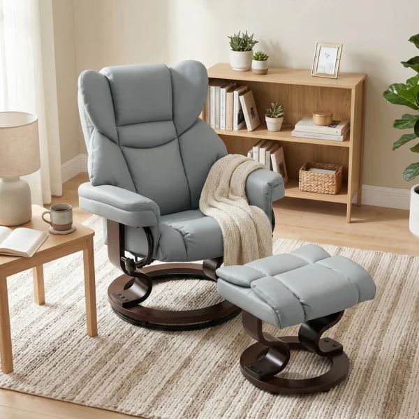 Draaibare Relaxstoel Met Voetenbankje, Hoge Rugleuning, Hoogdicht Schuim, Houten Voet, Lichtgrijs