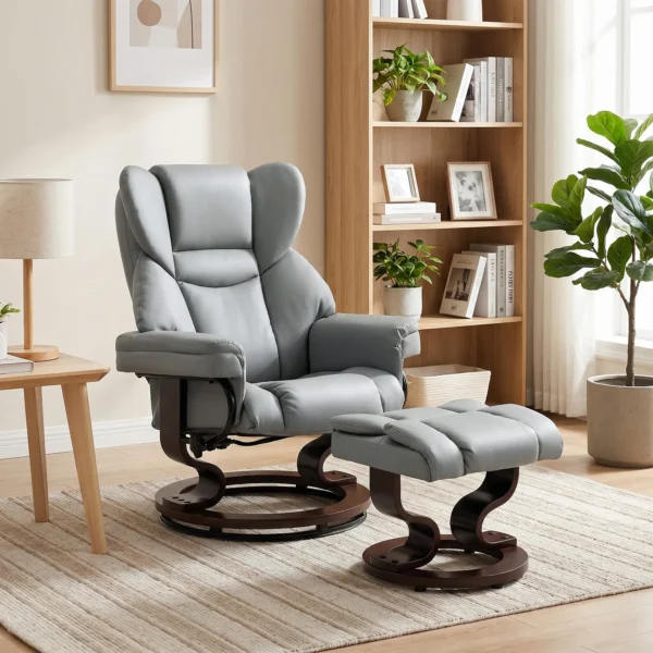 Draaibare Relaxstoel Met Voetenbankje, Hoge Rugleuning, Hoogdicht Schuim, Houten Voet, Lichtgrijs