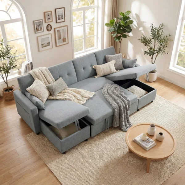 Ecksofa Met Slaapfunctie En Opbergbox U vorm 4 zits Bank Met Chaise Longue, Verstelbare Rugleuning, Linnenlook