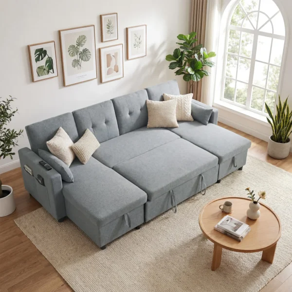 Ecksofa Met Slaapfunctie En Opbergbox U vorm 4 zits Bank Met Chaise Longue, Verstelbare Rugleuning, Linnenlook
