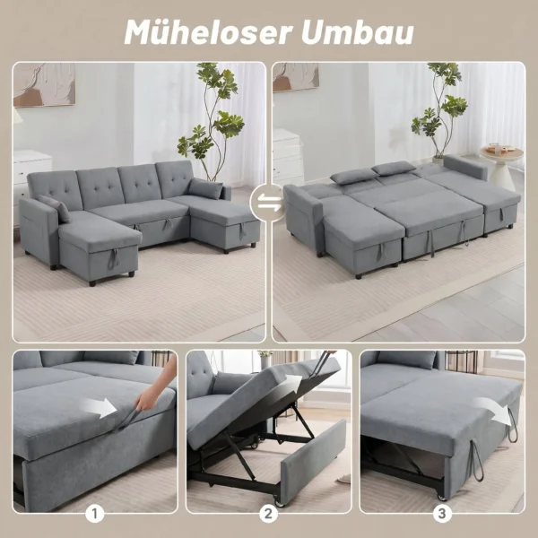 Ecksofa Met Slaapfunctie En Opbergbox U vorm 4 zits Bank Met Chaise Longue, Verstelbare Rugleuning, Linnenlook