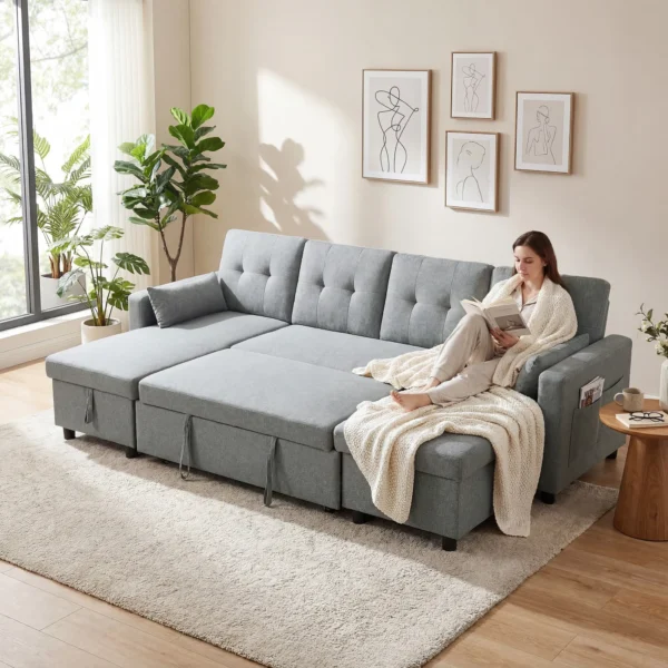 Ecksofa Met Slaapfunctie En Opbergbox U vorm 4 zits Bank Met Chaise Longue, Verstelbare Rugleuning, Linnenlook