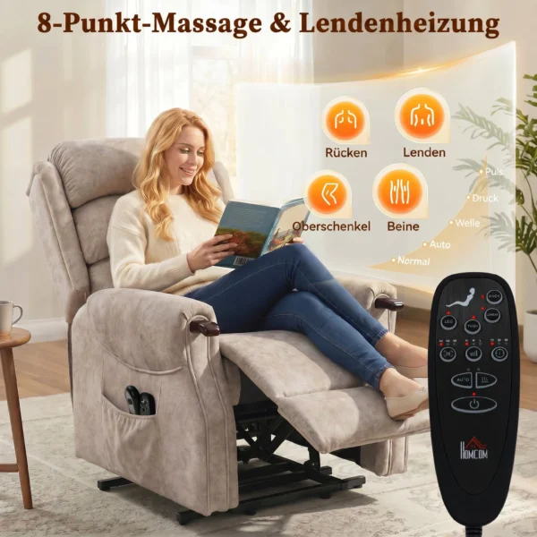 Elektrische Televisiestoel Met Opsta hulp, Relaxstoel Met Vibratiemassage, Verwarming En Ligfunctie, Lichtgrijs
