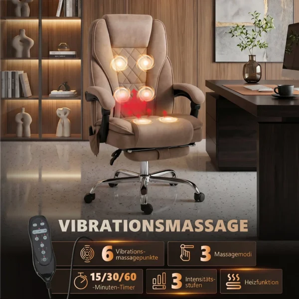 Ergonomische Bureaustoel Met Massagefunctie, Voetensteun, Draaibaar, Rolbaar, Bruin