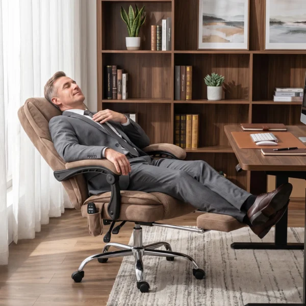 Ergonomische Bureaustoel Met Massagefunctie, Voetensteun, Draaibaar, Rolbaar, Bruin