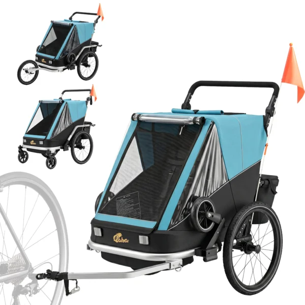 Fietskar Voor Kinderen, 2 zitter, 2 in 1 Opvouwbare Kinderfietskar Met Verstelbare Stoel En Riemen, Blauw