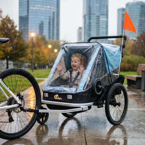 Fietskar Voor Kinderen, 2 zitter, 2 in 1 Opvouwbare Kinderfietskar Met Verstelbare Stoel En Riemen, Blauw