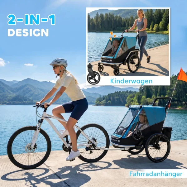 Fietskar Voor Kinderen, 2 zitter, 2 in 1 Opvouwbare Kinderfietskar Met Verstelbare Stoel En Riemen, Blauw