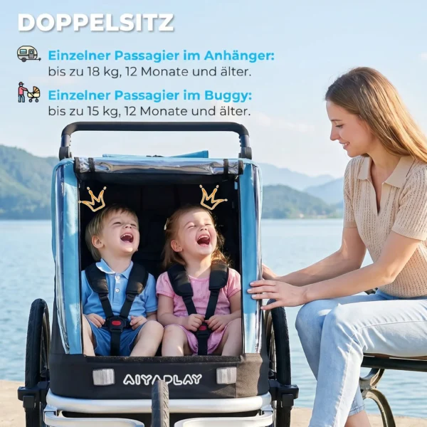 Fietskar Voor Kinderen, 2 zitter, 2 in 1 Opvouwbare Kinderfietskar Met Verstelbare Stoel En Riemen, Blauw