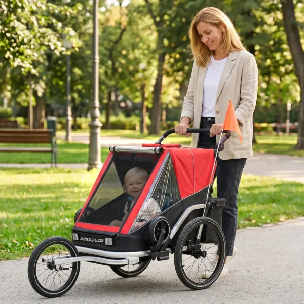 Fietskar Voor Kinderen, 2 zitter, 2 in 1 Opvouwbare Kinderfietskar Met Verstelbare Zitplaats En Riemen, Rood