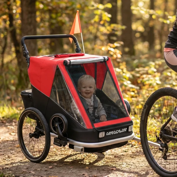 Fietskar Voor Kinderen, 2 zitter, 2 in 1 Opvouwbare Kinderfietskar Met Verstelbare Zitplaats En Riemen, Rood