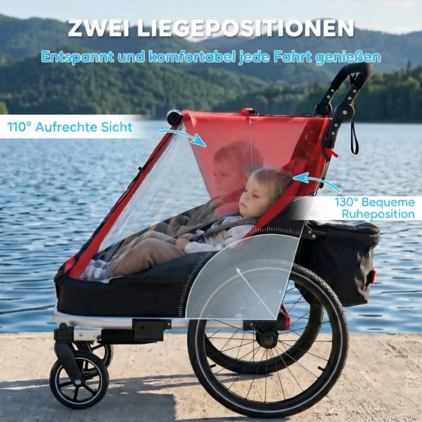 Fietskar Voor Kinderen, 2 zitter, 2 in 1 Opvouwbare Kinderfietskar Met Verstelbare Zitplaats En Riemen, Rood