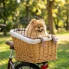 Fietsmand Voor Honden & Katten, Handgeweven Dierenmand Met Metalen Deksel & Zacht Kussen, Lichtbruin