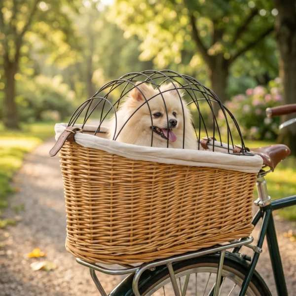 Fietsmand Voor Honden & Katten, Handgeweven Dierenmand Met Metalen Deksel & Zacht Kussen, Lichtbruin