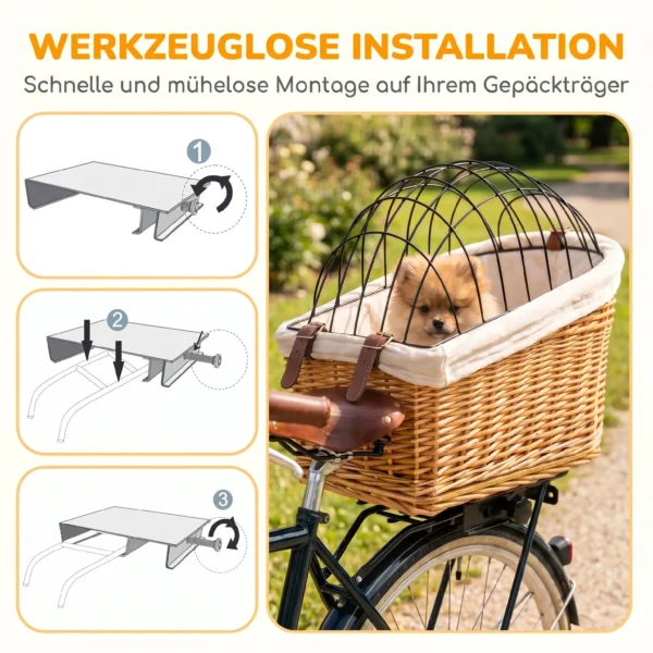 Fietsmand Voor Honden & Katten, Handgeweven Dierenmand Met Metalen Deksel & Zacht Kussen, Lichtbruin