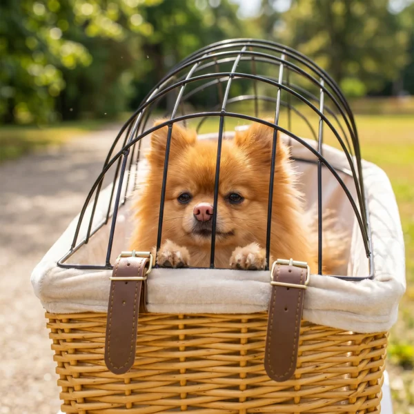 Fietsmand Voor Honden & Katten, Handgeweven Dierenmand Met Metalen Deksel & Zacht Kussen, Lichtbruin