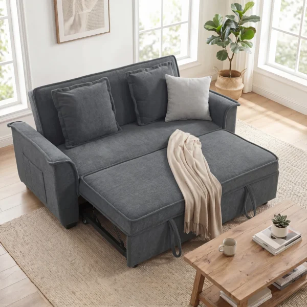 Futon slaapbank, Verstelbare Rugleuning, 2 zits Met 2 Kussens, Donkergrijs