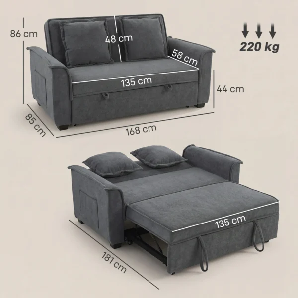 Futon slaapbank, Verstelbare Rugleuning, 2 zits Met 2 Kussens, Donkergrijs