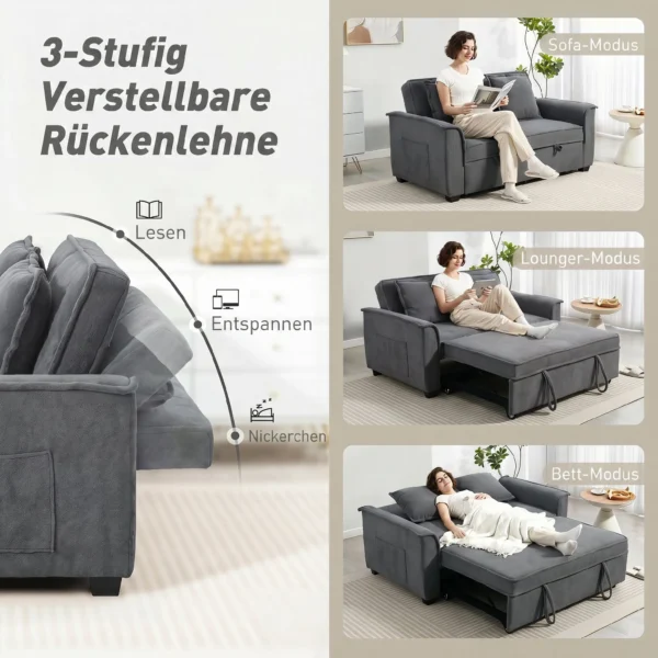 Futon slaapbank, Verstelbare Rugleuning, 2 zits Met 2 Kussens, Donkergrijs