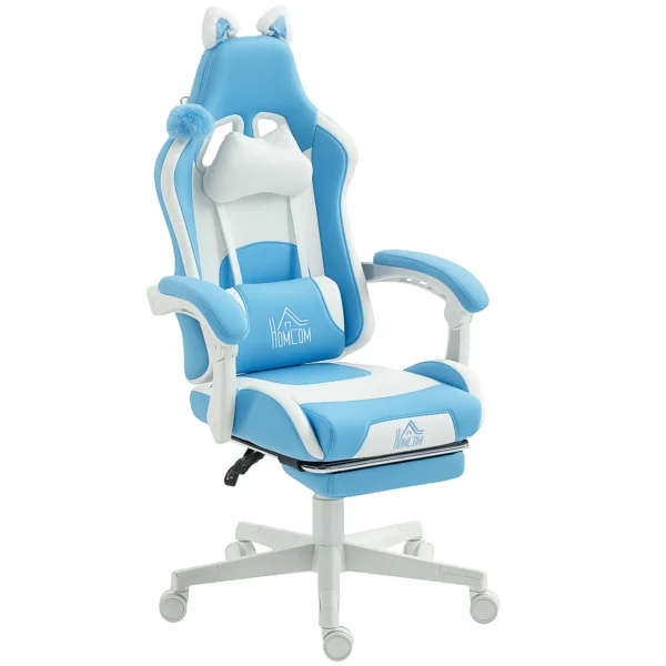 Gaming stoel Met Kattenoren, Kantelbare Rugleuning, Uitschuifbare Voetensteun, Tot 120 Kg Belastbaar, Zeegroen