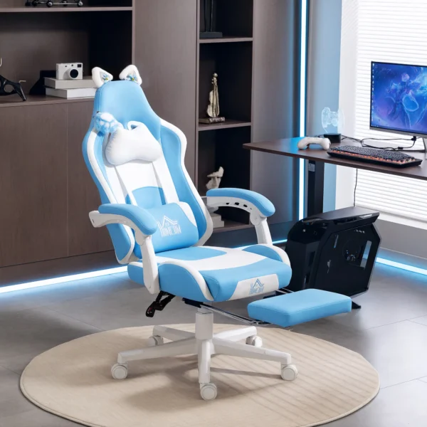 Gaming stoel Met Kattenoren, Kantelbare Rugleuning, Uitschuifbare Voetensteun, Tot 120 Kg Belastbaar, Zeegroen