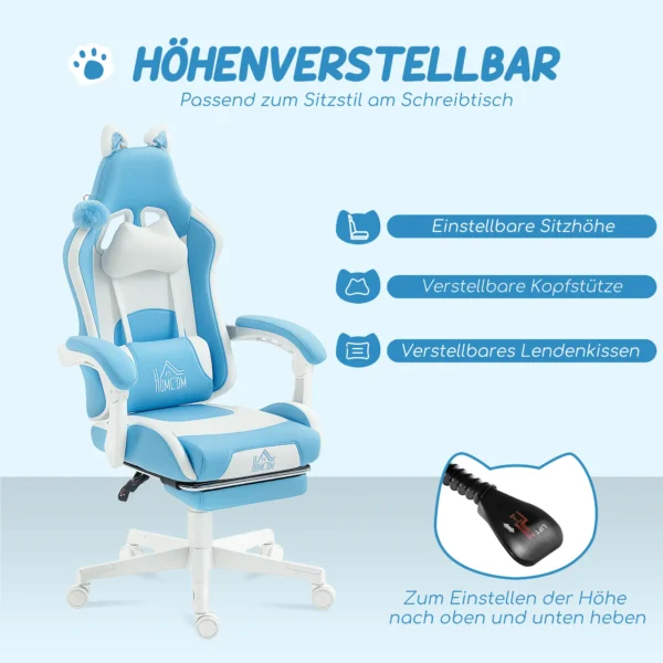 Gaming stoel Met Kattenoren, Kantelbare Rugleuning, Uitschuifbare Voetensteun, Tot 120 Kg Belastbaar, Zeegroen