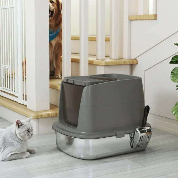 Grote Kattenbak Van Roestvrij Staal, Gesloten Kattenbak Met Metalen Schep En Geurzakje, Donkergrijs