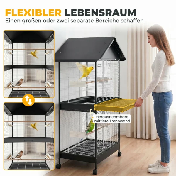 Grote Vogelvolière Vogelkooi Met Afneembare Scheidingswand 2 Deuren 2 Houten Stangen Rollen 2 Schalen 4 Voederautomaten XXL