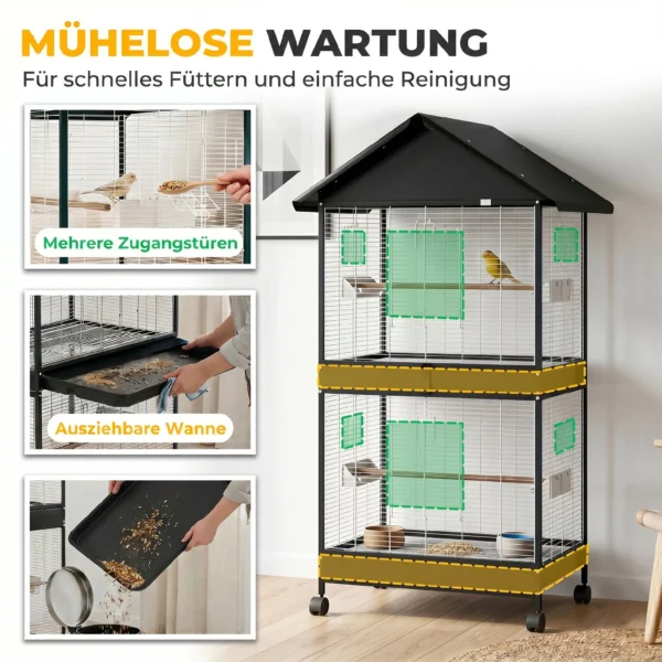 Grote Vogelvolière Vogelkooi Met Afneembare Scheidingswand 2 Deuren 2 Houten Stangen Rollen 2 Schalen 4 Voederautomaten XXL