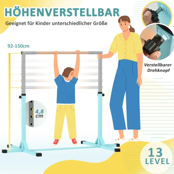 Gymnastiek Turnrek, Rekstang, 13 staps In Hoogte Verstelbaar, Tot 75 Kg Belastbaar, Staal, Beukenhout, Lichtblauw
