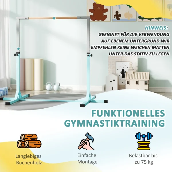 Gymnastiek Turnrek, Rekstang, 13 staps In Hoogte Verstelbaar, Tot 75 Kg Belastbaar, Staal, Beukenhout, Lichtblauw