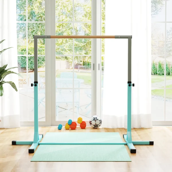 Gymnastiek Turnrek, Rekstang, 13 staps In Hoogte Verstelbaar, Tot 75 Kg Belastbaar, Staal, Beukenhout, Lichtblauw