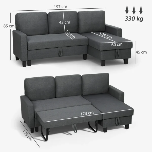 Hoekbank Met Slaapfunctie En Opbergbox L vorm Slaapbank Met Veranderbare Chaise Longue, Voor Appartement En Woonkamer