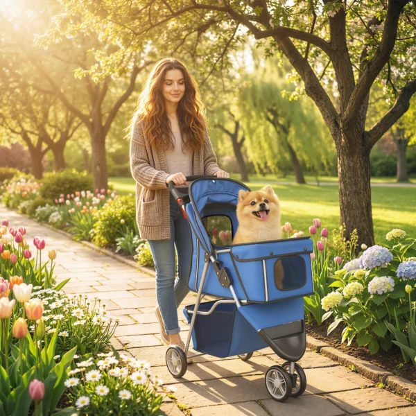 Hondenwagen Hondenbuggy Opvouwbaar Tot 10kg Met Opbergmand, Kussen, Netvensters, Voor Kleine Honden, 77x44x102cm Blauw