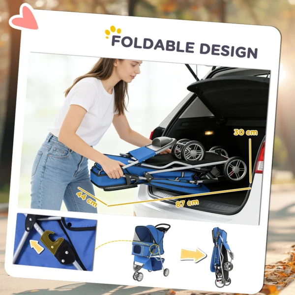 Hondenwagen Hondenbuggy Opvouwbaar Tot 10kg Met Opbergmand, Kussen, Netvensters, Voor Kleine Honden, 77x44x102cm Blauw