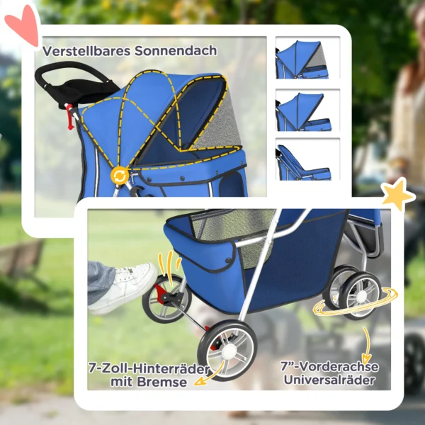 Hondenwagen Hondenbuggy Opvouwbaar Tot 10kg Met Opbergmand, Kussen, Netvensters, Voor Kleine Honden, 77x44x102cm Blauw