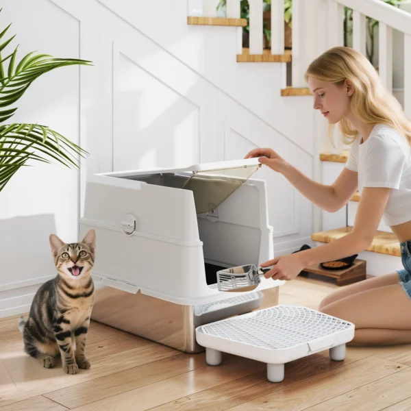Kattenbak, Roestvrij Staal, XL Binnenruimte, Met Schep, Lichtgrijs